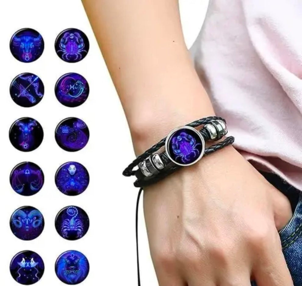 ZODIAC SIGN BLACK LEATHER BRACELET