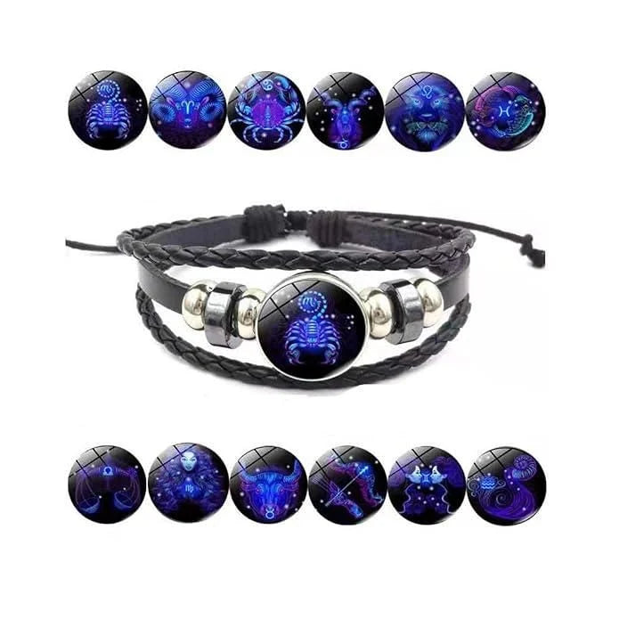 Zodiac Sign Black Leather Bracelet – 12 Rashi Designs