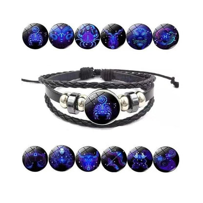 Zodiac Sign Black Leather Bracelet – 12 Rashi Designs