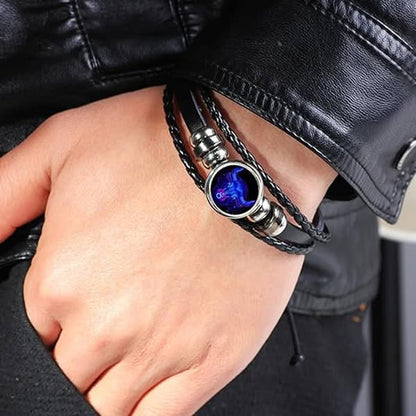 Zodiac Sign Black Leather Bracelet – 12 Rashi Designs