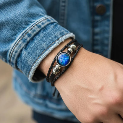 ZODIAC SIGN BLACK LEATHER BRACELET