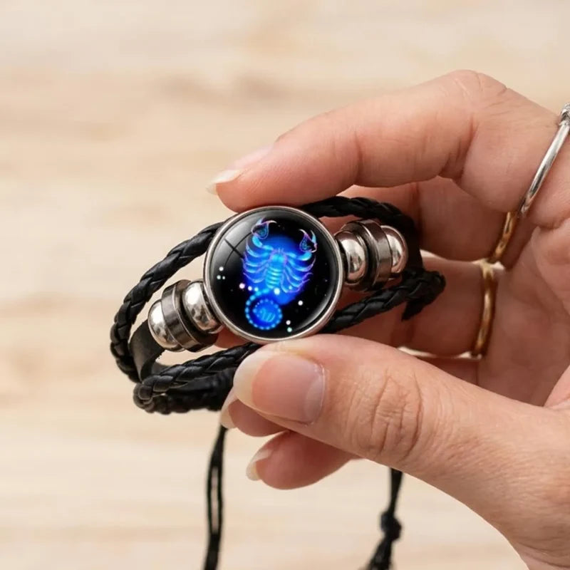 ZODIAC SIGN BLACK LEATHER BRACELET